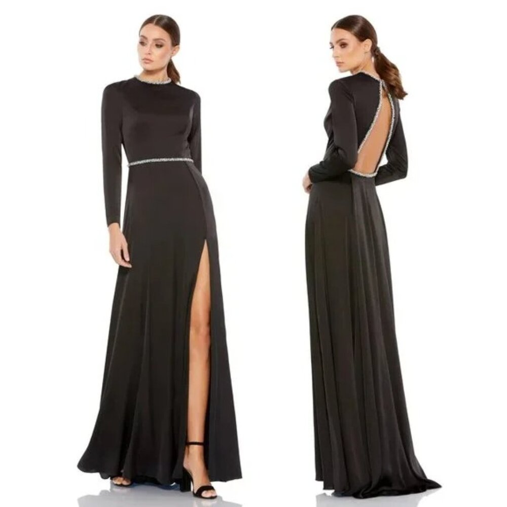 Mac Duggal Cutout Back High Slit Black Maxi Dress with Gold Jewel Accents size 2